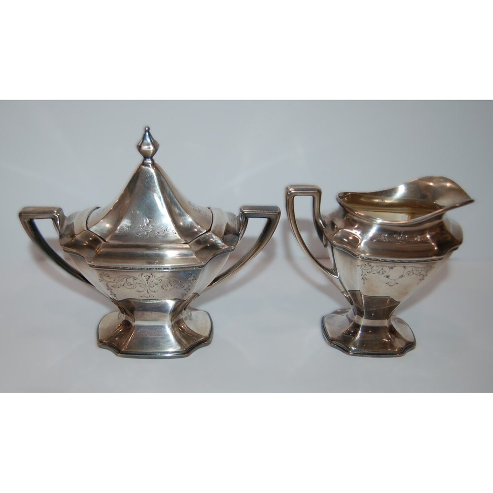 VINTAGE CHIPPENDALE SUGAR BOWL & CREAMER SET COFFEE TEA SILVER PLATE EPNS 1914
